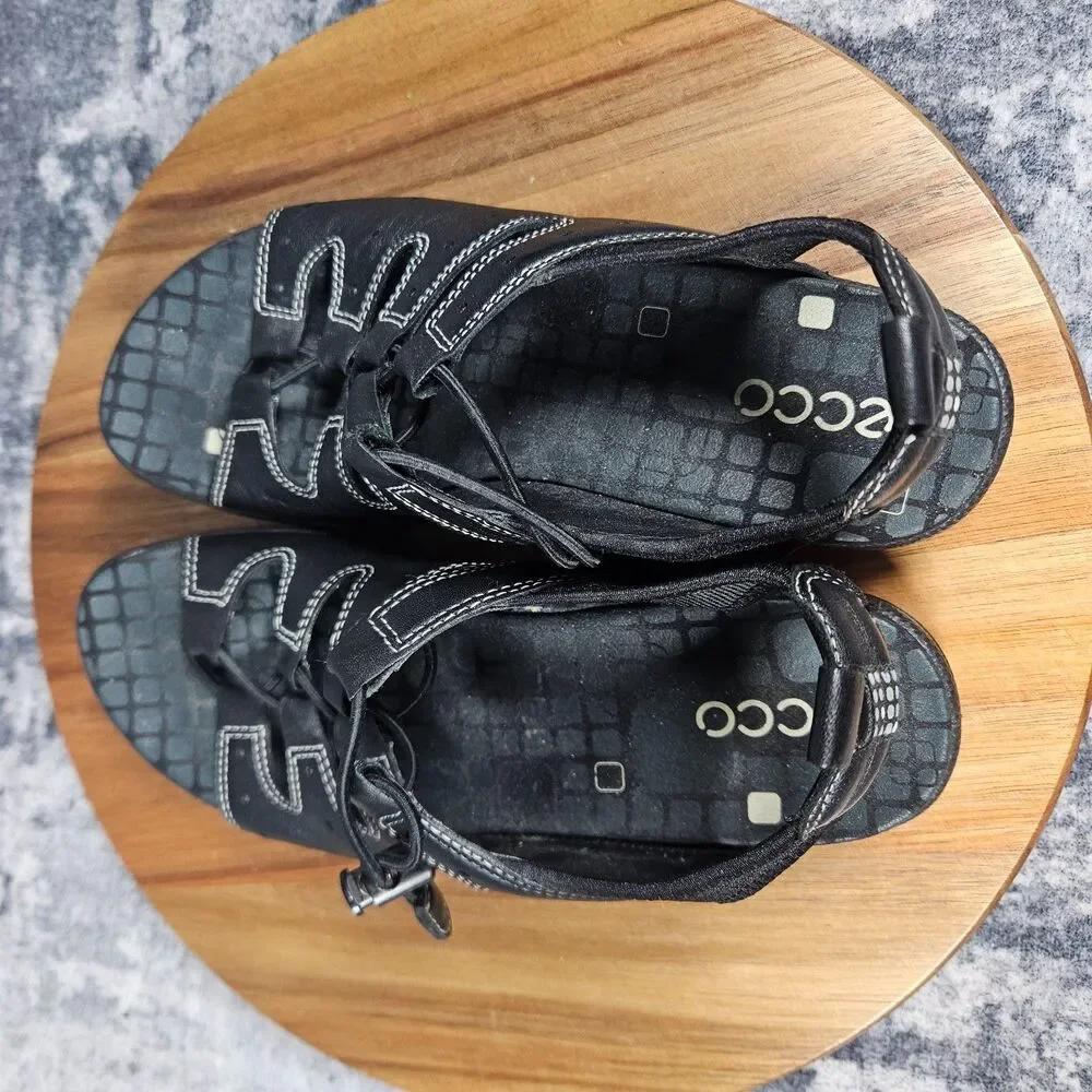 ECCO Jab Toggle Gladiator Sandals Women 38 US 7.5 Black Leather Bungee Fisherman